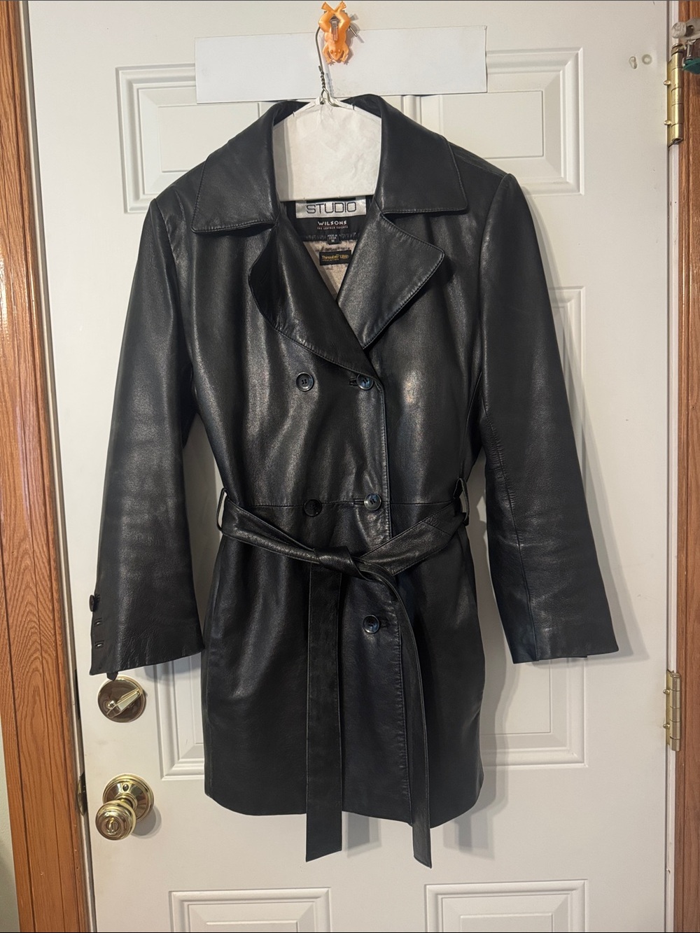 Wilson’s Pelle Studio Black Leather Double-Breasted Trench Coat with Tie Belt